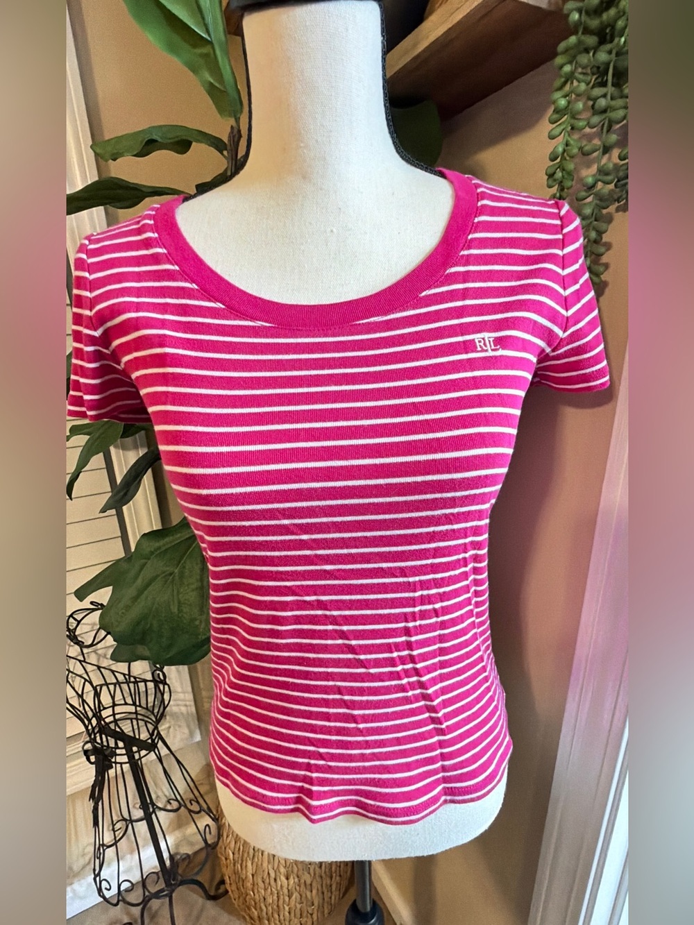 Ralph Lauren Hot Pink & White Striped Scoop Neck Tee